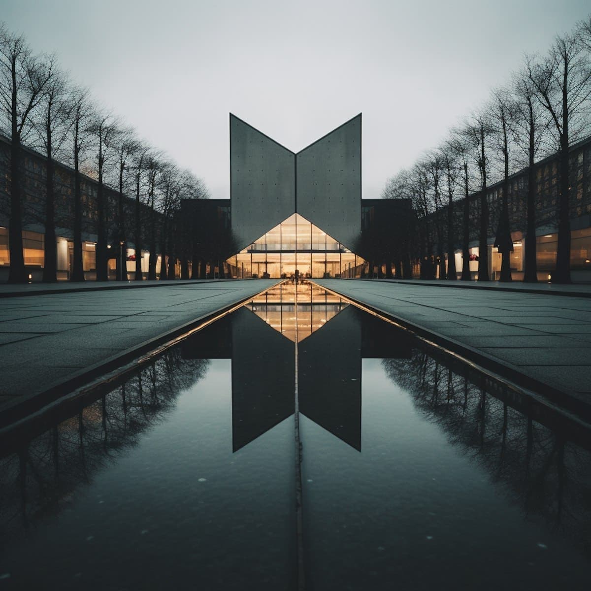 Architectural building with illuminated entrance