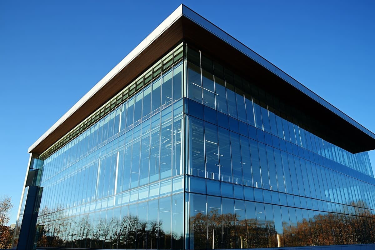 Modern glass building with blue sky reflection