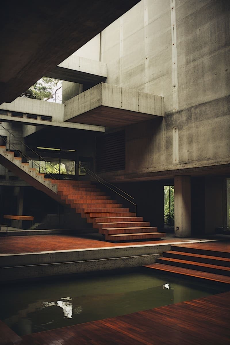 Brutalist interior with concrete staircase